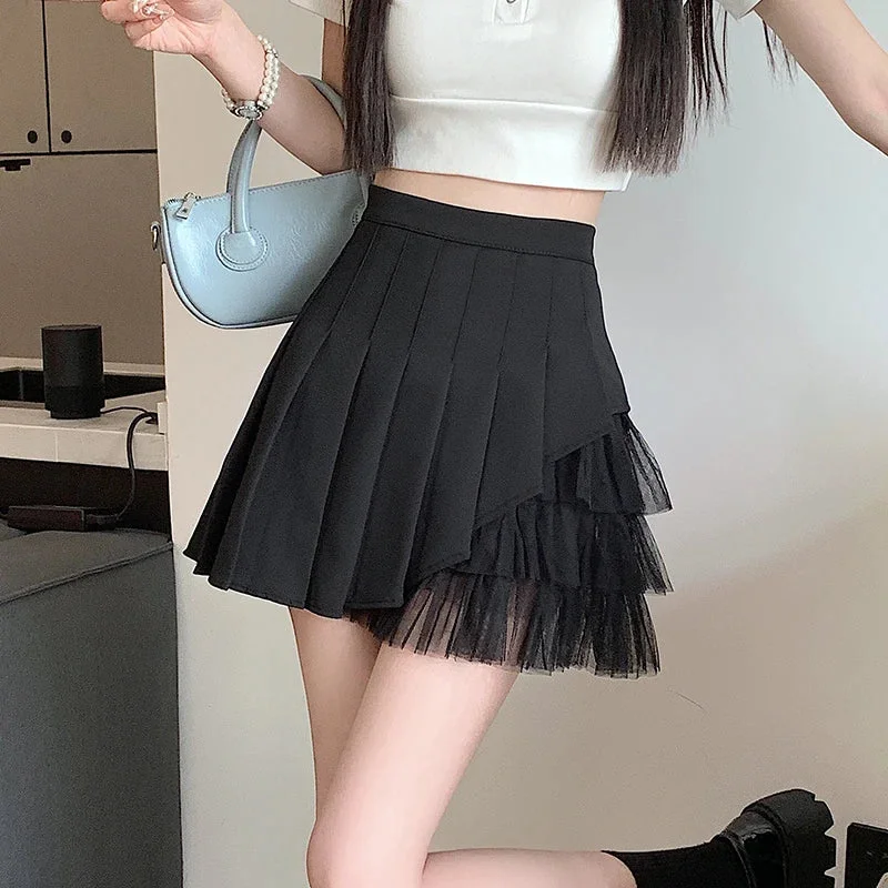 Women's Sweetheart Hem SkirtsFashionSierra - Korean Soft Sister Tulle Patchwork Pleated Mini Women New Summer High Waist A-line Female Casual Short Skirt