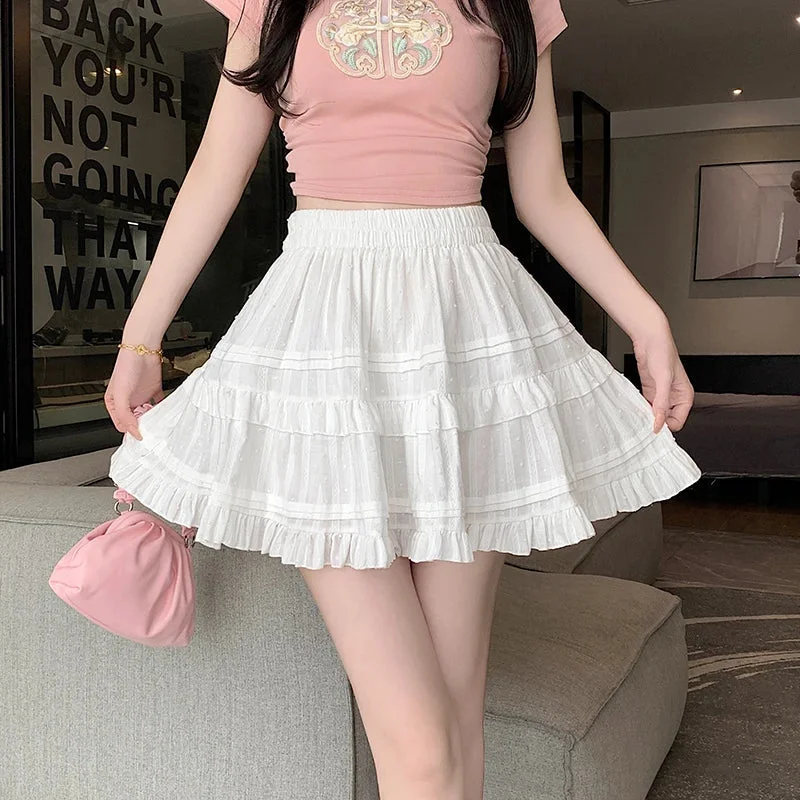 Women's Formal SkirtsFashionSierra Woman Elegant French Style White Ruffled Tutu New Spring Summer Elastic High Waist A-line Pleated Mini Skirt