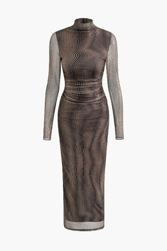 Women's Square Collar DressesWave Mock Neck Mesh Long Sleeve Maxi Dress