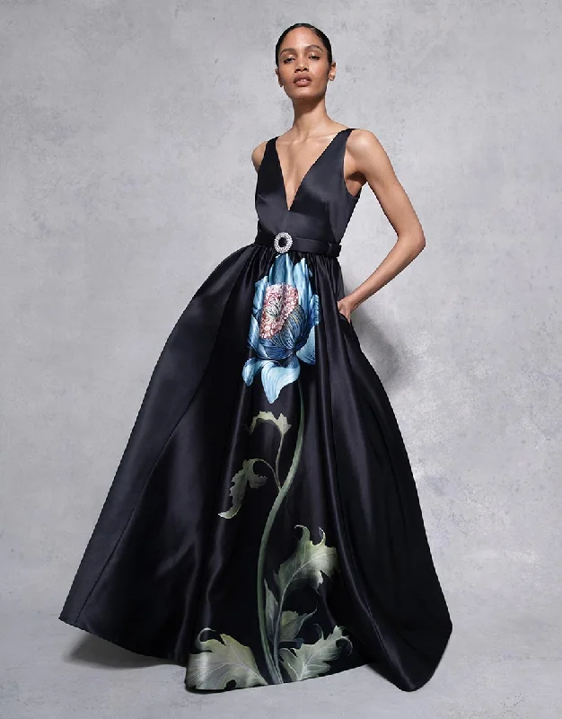 Women's Notched Collar DressesArabella Taffeta Gown - Painterly Flower