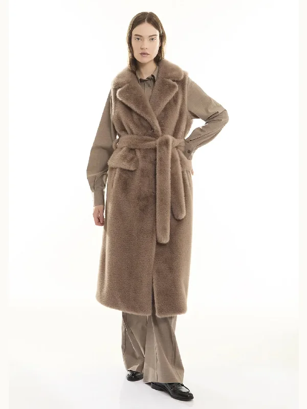 Women's Coats with Fur Trimmed CollarGilet Lungo in Ecopelliccia Tortora