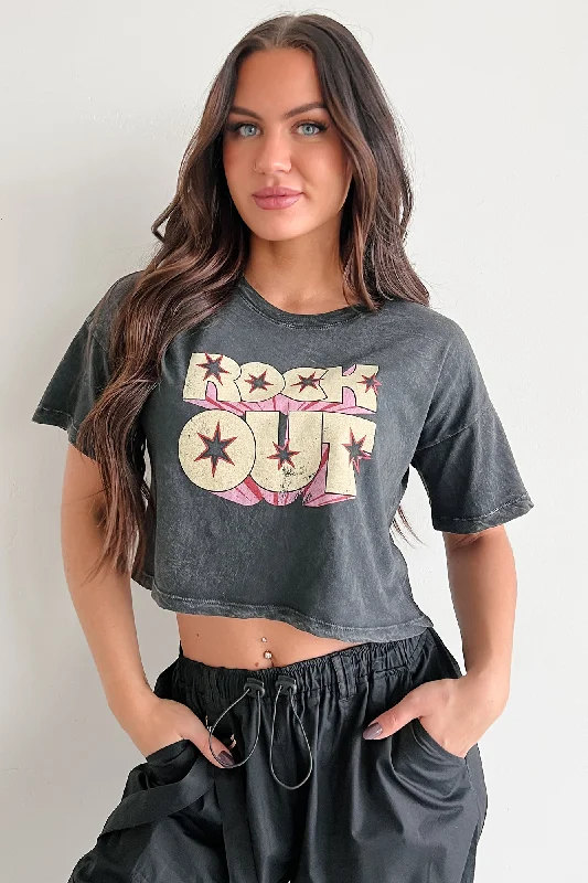 Women's Jumpsuits with Boat Collar"Rock Out" Graphic Crop Tee (Charcoal)