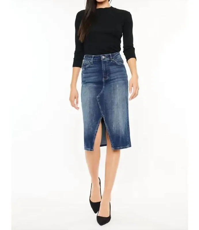 Women's V-Shaped Hem SkirtsHigh Rise Denim Midi Skirt In Dark Wash