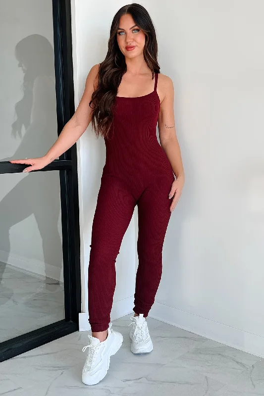 Women's Jumpsuits with V-Shaped HemMaking Things Right Rib Knit Backless Jumpsuit (Wine)