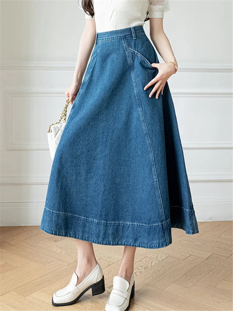 Women's Midi SkirtsWaist Women's Denim Long A-Line Spring Summer Vintage Cowboy Jeans Umbrella Pockets New Skirt