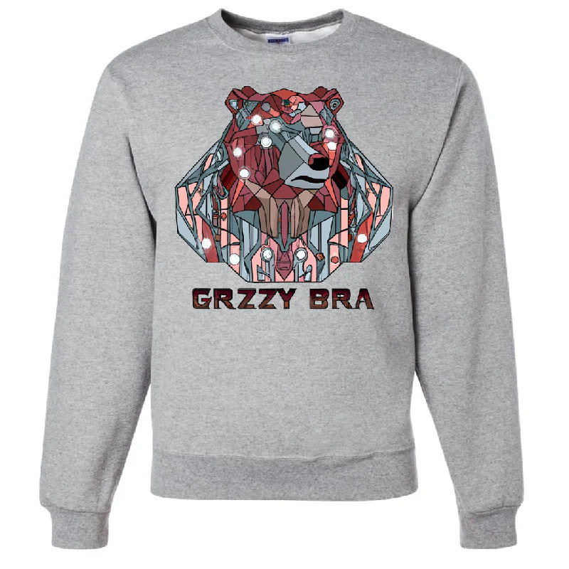 Women's Hooded Sweatshirts with Plaid LiningStained Glass Cyborg Grizzly Bear GRZZY BRA Crewneck Sweatshirt