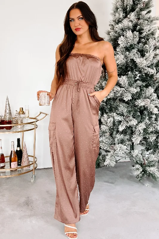 Women's Jumpsuits with Low CollarDOORBUSTER Glittering Goddess Rhinestone Embellished Jumpsuit (Mocha)