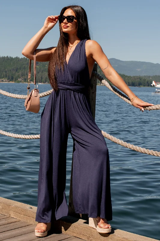 Women's Jumpsuits with Notched CollarMeant To Be Modern Wrap-Tie Palazzo Jumpsuit (Dark Navy)