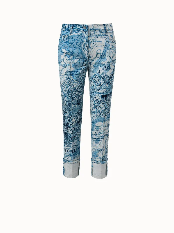 Women's Jodhpurs with Shirt CollarSt. Gallen Map Print Cotton Denim Pant