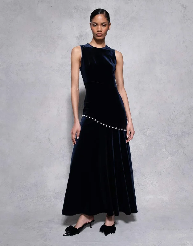 Women's High Collar DressesSole Velvet Maxi Dress - Navy