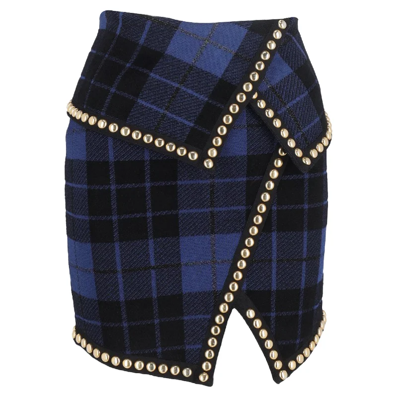 Women's Mid-Waist SkirtsBalmain Checkered Mini Skirt Blue Wool