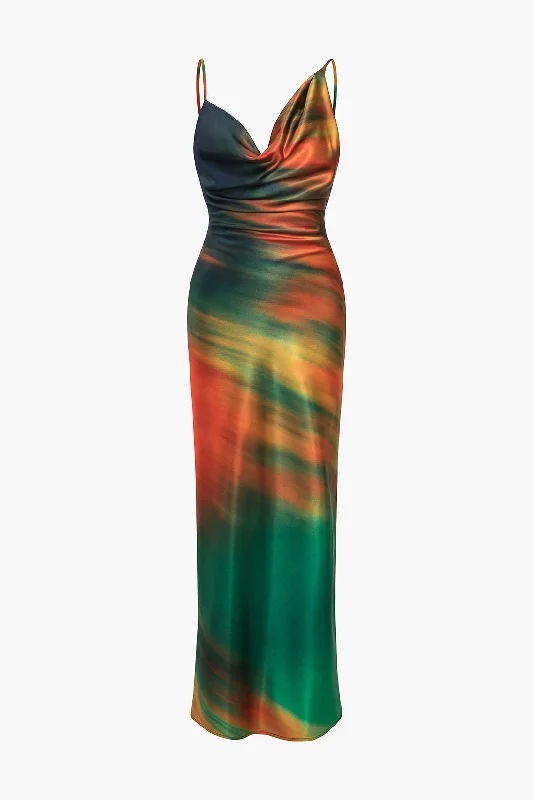 Women's Sweetheart-Neck DressesOmbre Print Cowl Neck Asymmetrical Slip Maxi Dress