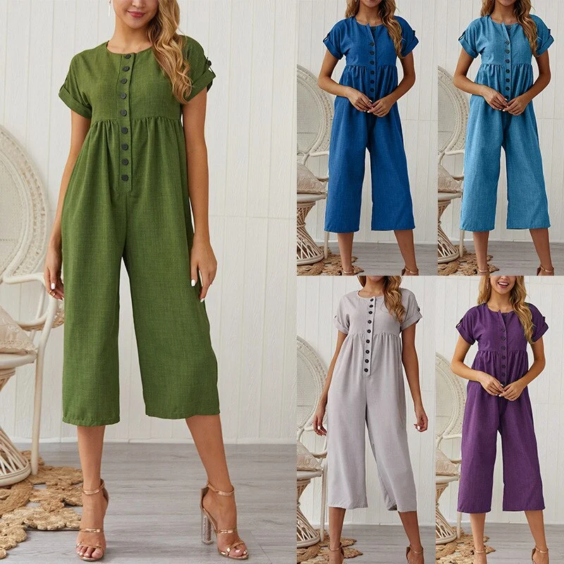 women's pajamas with a charming floral patternlightweight mesh sports bras for swimmingSummer 2021 New Women's Fashion Sexy Solid O Neck Short Sleeve Buttons Tunic Straight Calf Lenght Pants Ladies Skinny Jumpsuits