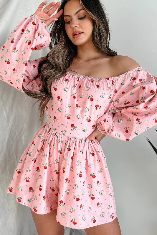 Women's Jumpsuits with Notched CollarCaptivating Blossoms Off The Shoulder Floral Print Romper (Pink)