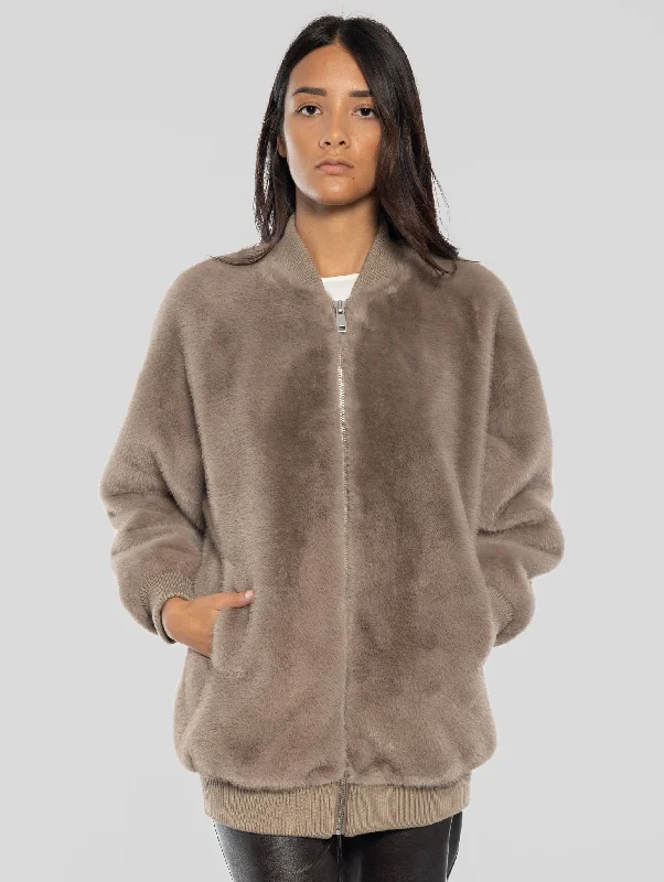 Women's Coats with Fur Trimmed HoodBomber in Ecopelliccia Tortora