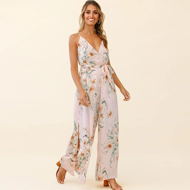 women's pajamas with a touch of whimsical funconvertible strap bralettes for topsFloral Print Wide Leg Split Fork V Neck Sleeveless Sling Rompers Women Casual Streetwear Beach Party Holiday Jumpsuits