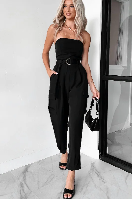 Women's Jumpsuits with Sweetheart CollarOld Money Belted Cargo Jumpsuit (Black)