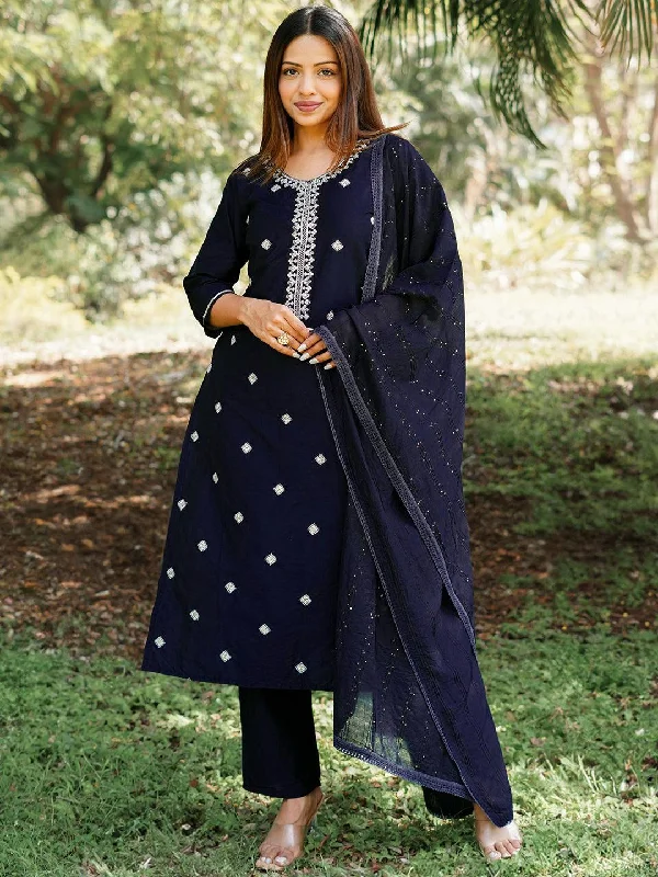 Women's Jumpsuits with Peter Pan CollarBlue Yoke Design Silk Blend Straight Suit With Dupatta