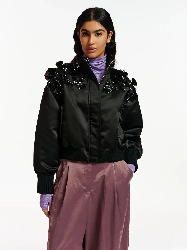 Women's Coats with Fur Trimmed PocketsBomber in raso con Paillettes e Strass Nero