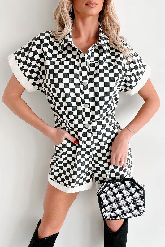 Women's Jumpsuits with Peter Pan CollarOff To The Races Denim Checker Print Romper (Black)