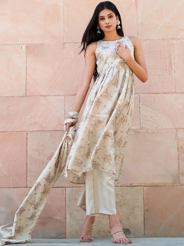 Women's Jumpsuits with Rounded CollarBeige Printed Silk Blend A-Line Kurta With Palazzos & Dupatta