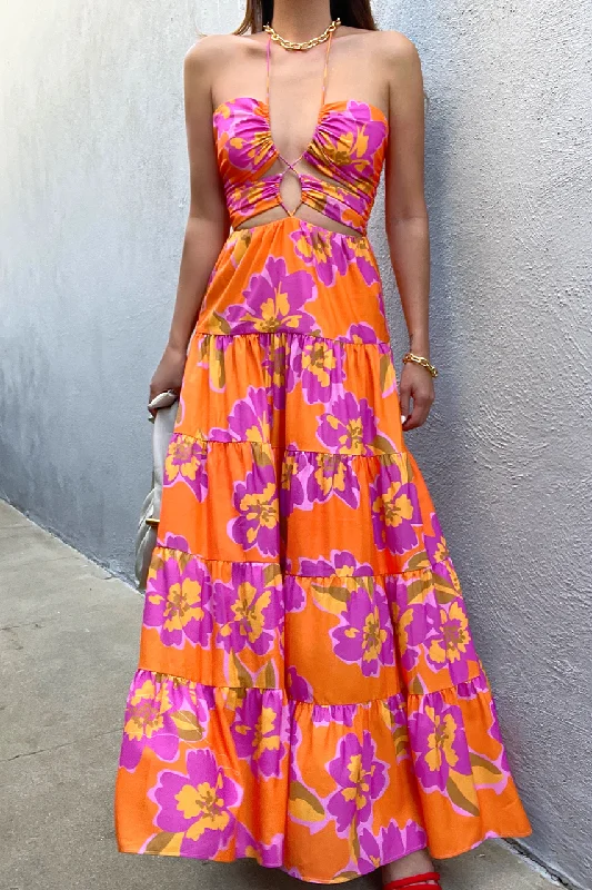 Women's Low Collar DressesOrchids Maxi Dress - Orange Floral