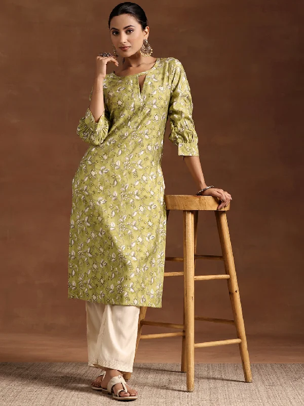 Women's Jumpsuits with Ankle LengthGreen Printed Silk Straight Kurta