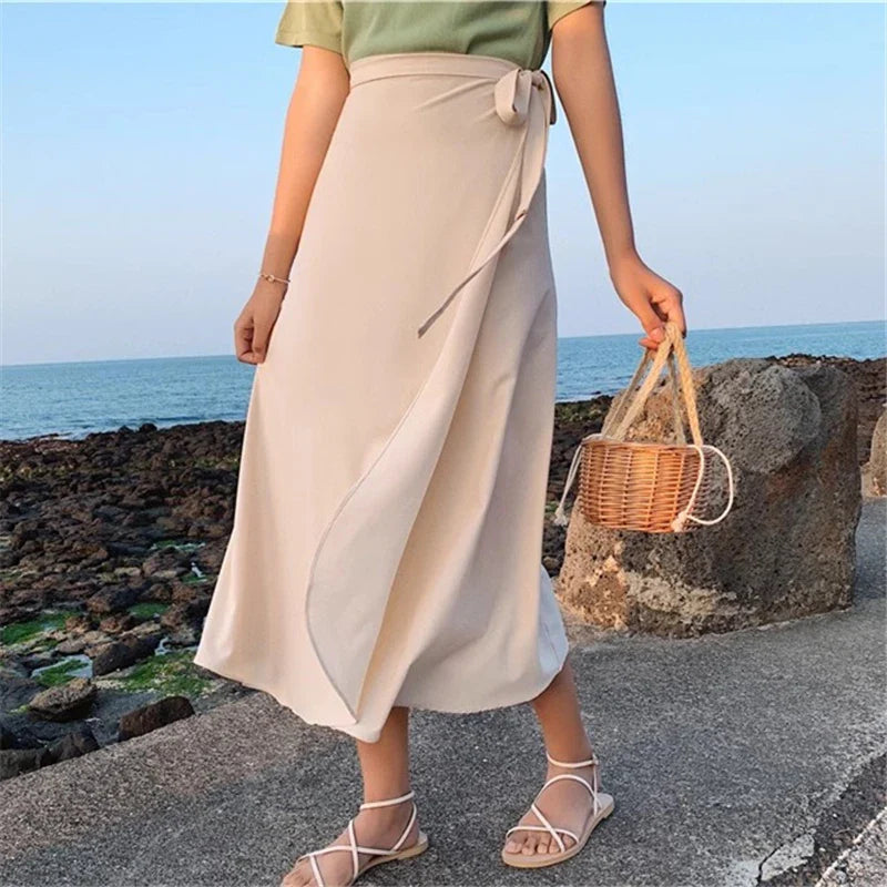 Women's Square Hem SkirtsNew Stain Women A-Line Long Side Split High Waist Fashionable Umbrella Beach Female Skirt