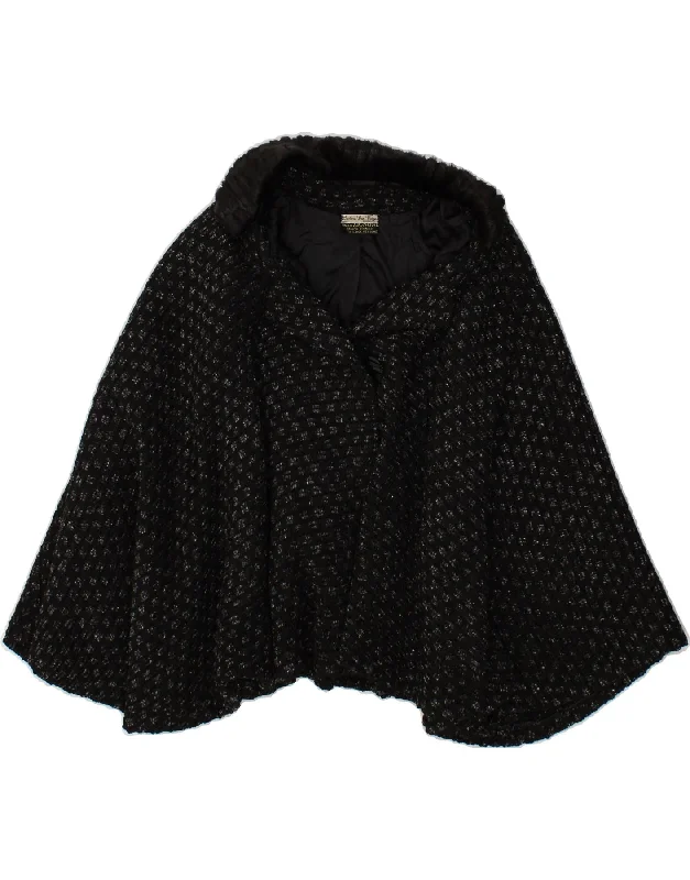 Women's Coats with Fur Trimmed PocketsVINTAGE Womens Poncho Coat One Size Black Virgin Wool