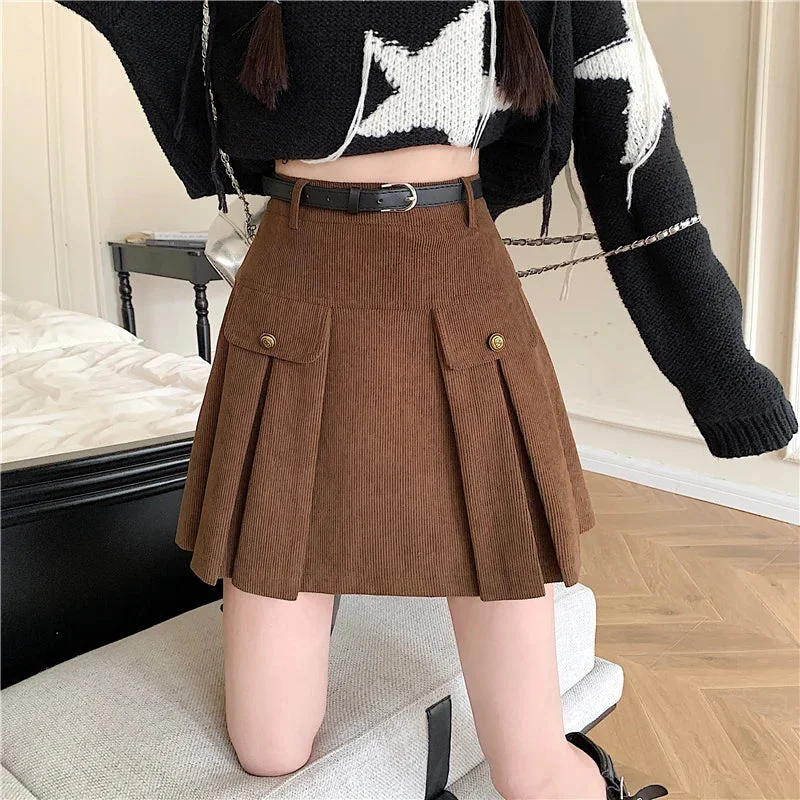 Women's Frayed Hem SkirtsFashionSierra - New Autumn Winter Corduroy Womens Vintage Buttons High Wasit A-line Mini Pleated Korean Woman Short Skirt