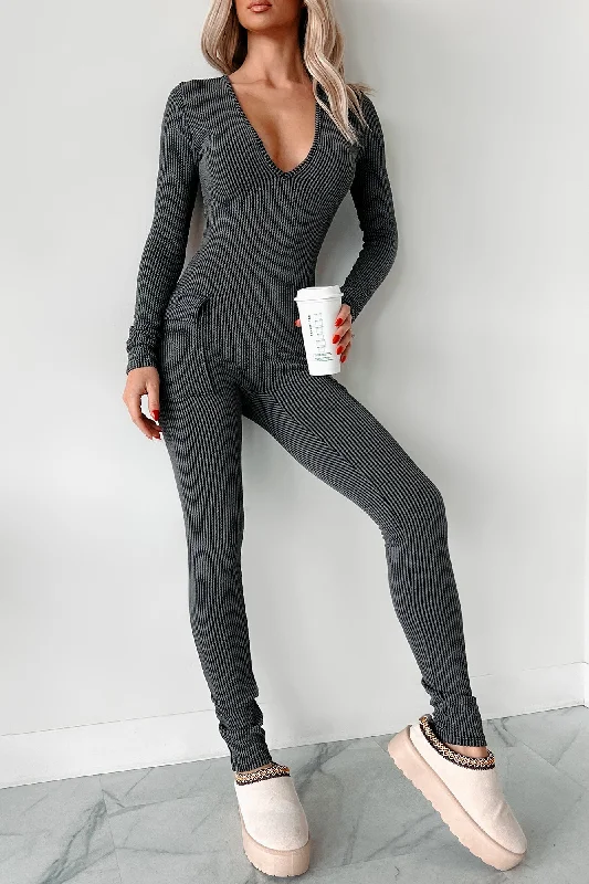 Women's Jumpsuits with Narrow CollarBeautiful Curves Ribbed Cut-Out Back Jumpsuit (Black)