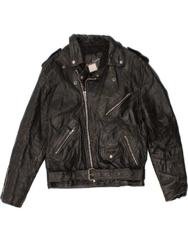 Women's Coats with Fur Trimmed PocketsVINTAGE Womens Leather Biker Jacket IT 56 4XL Black Leather