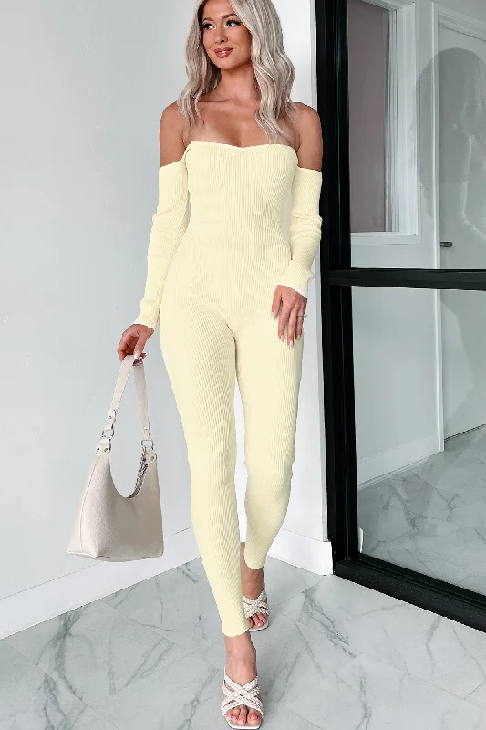 Women's Jumpsuits with Shawl CollarTelling Secrets Off The Shoulder Ribbed Catsuit (Yellow)