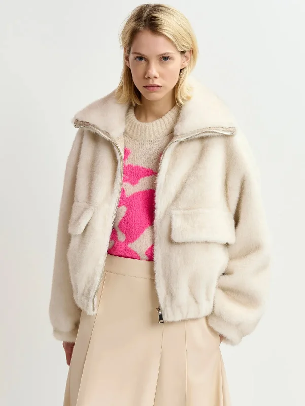 Women's Coats with Fur Trimmed SleevesBomber in Eco Pelliccia Bianco