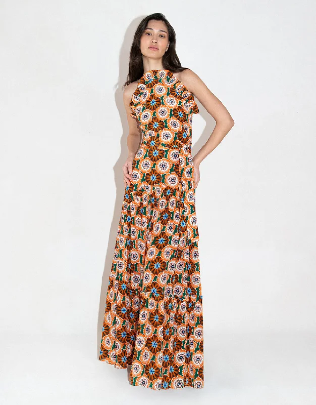 Women's High Collar DressesTatiana Crepe Maxi Dress - Flower Pop Orange