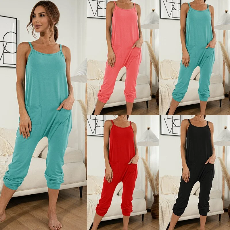 women's pajamas for everyday wearhigh-support sports bras for intense workouts2021 Summer New Women's Fashion Casual Solid O Neck Spaghetti Straps Sleeveless Backless Pockets Empire Jumpsuits Dress Ladies