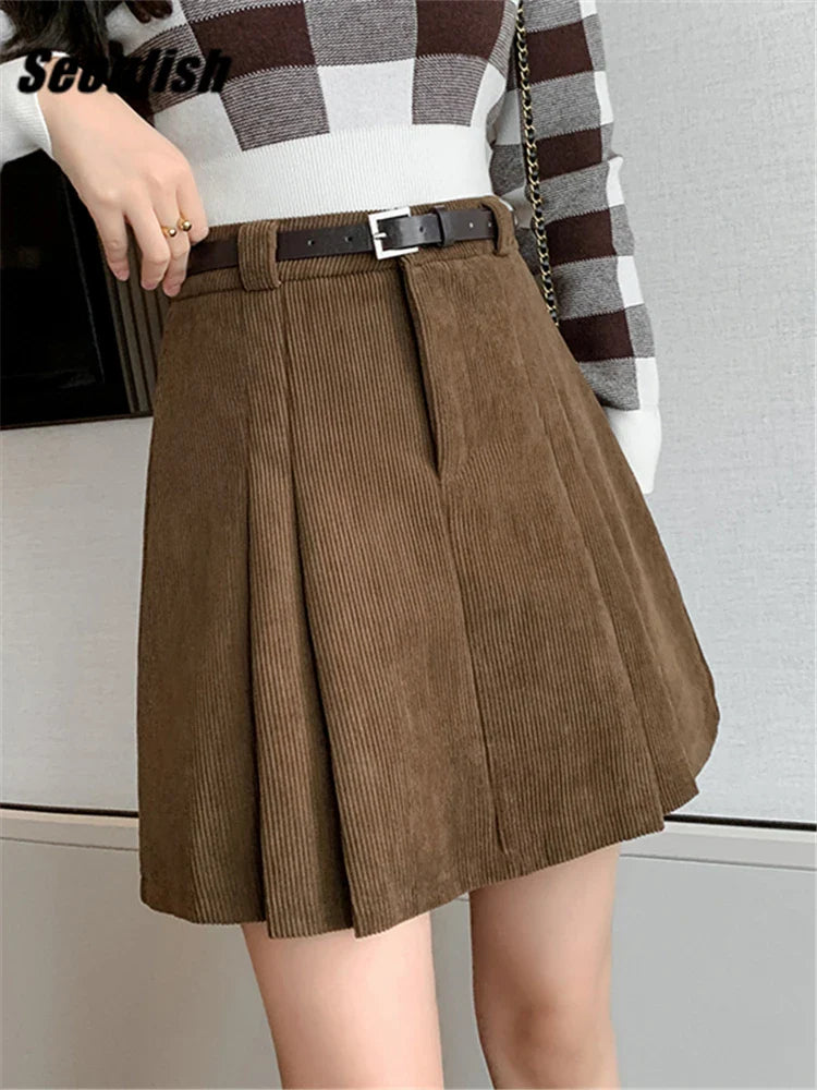 Women's Vintage SkirtsWomen Mini Skirts With Belted 2024 New High Waist Classic Pleated Shorts