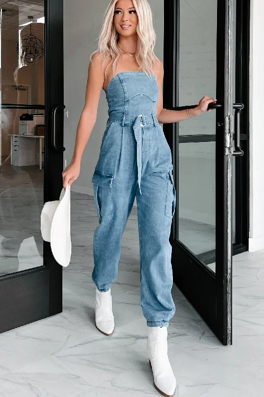 Women's Jumpsuits with ButtonsIgnite Your Passion Denim Cargo Jumpsuit (Denim)