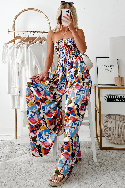 Women's Jumpsuits with V-Shaped CollarLovely In Lanai Strapless Floral Jumpsuit (Multi)