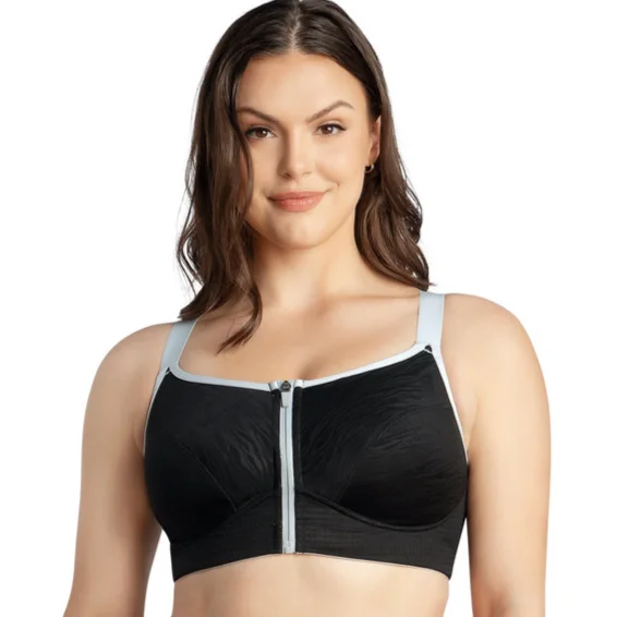 women's pajamas in solid colorssports bras with mesh panelsWave Front Zipper Sports Bra P6052 Black