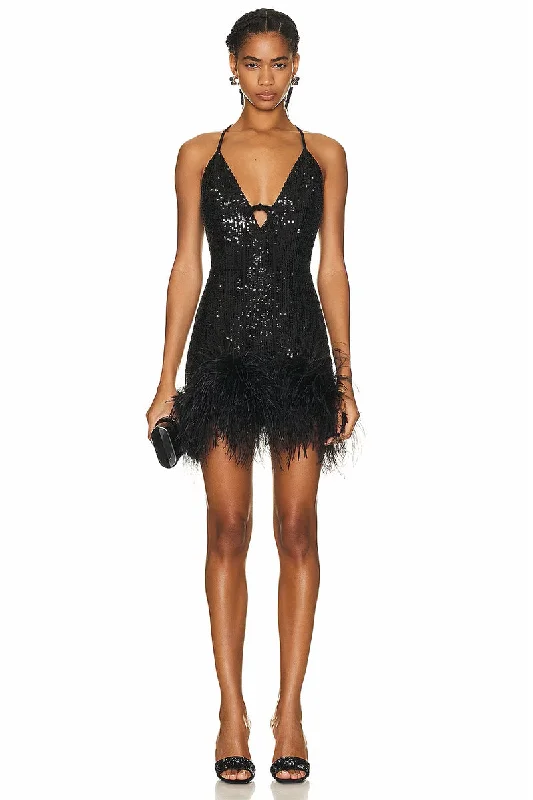 Women's Wide Collar DressesSparkly Glam Sequin Feather Mini Dress