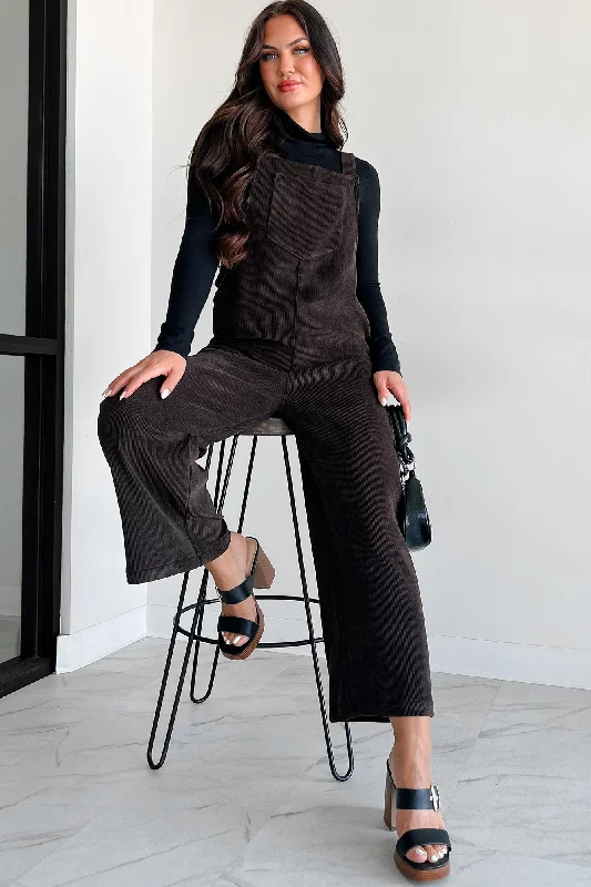 Women's Jumpsuits with Mandarin CollarPlayful Impression Soft Corduroy Overall Jumpsuit (Dark Brown)