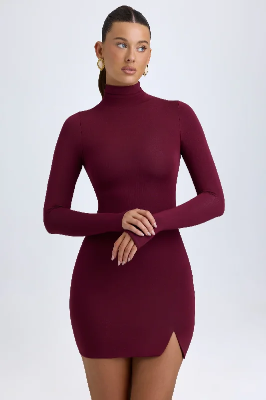 Women's V-Shaped Collar DressesModal Turtleneck Mini Dress in Wine Red