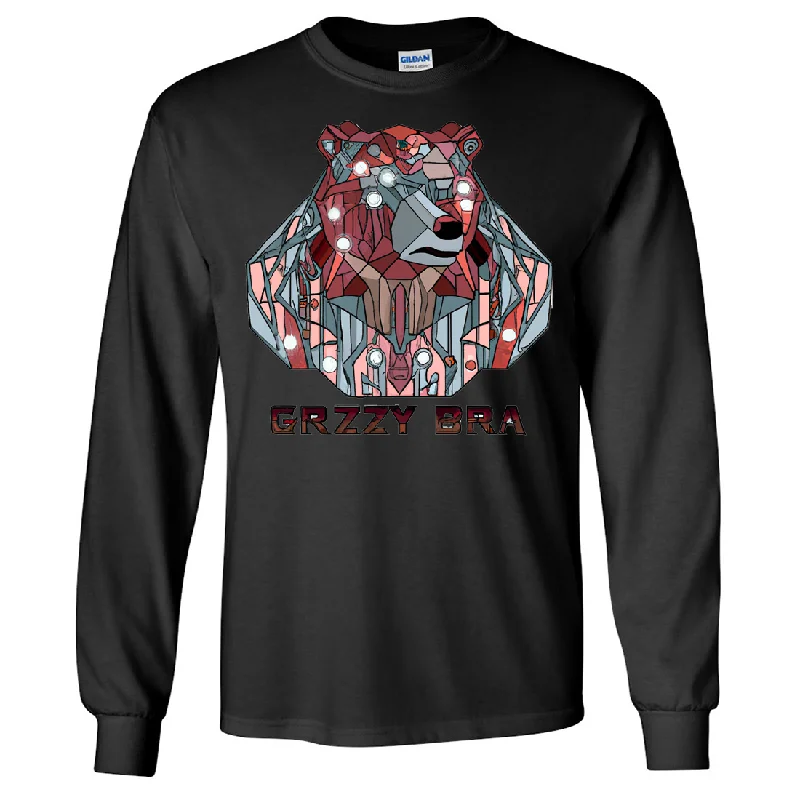 Women's Hooded Sweatshirts with Flared WaistStained Glass Cyborg Grizzly Bear GRZZY BRA Long Sleeve Shirt