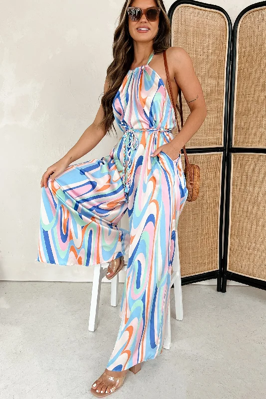 Women's RompersLiving Vibrantly Braided Belt Halter Jumpsuit (Blue, Pink, Tangerine)