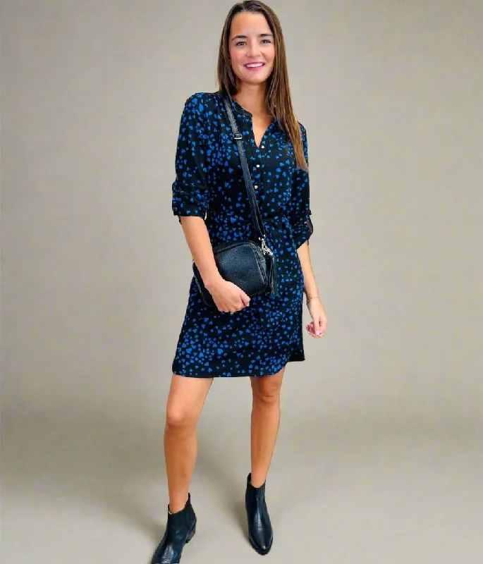 Women's Lapel Collar DressesBlue Heart Print Belted Shirt Dress