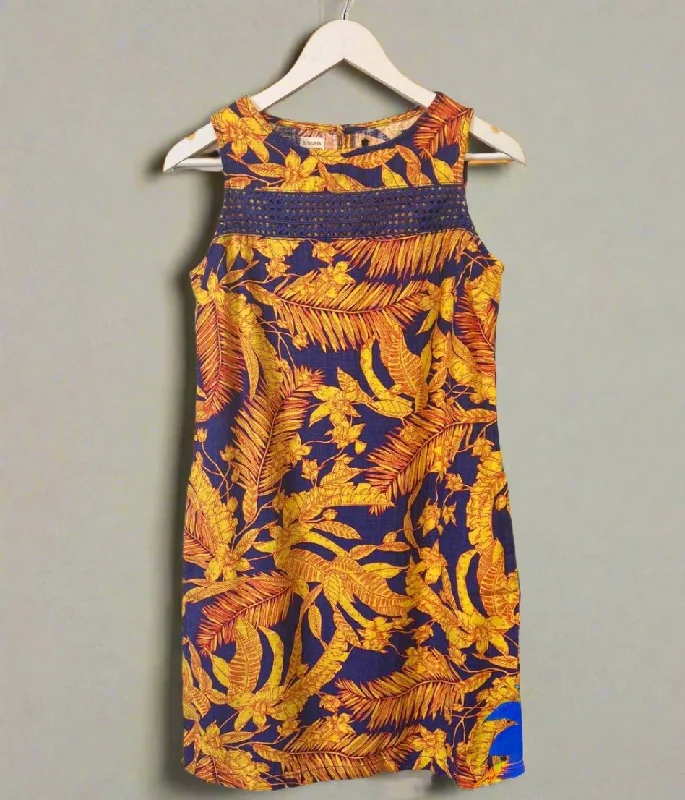 Women's Low Collar DressesBlue & Yellow Leaf Print Linen Blend Dress 6