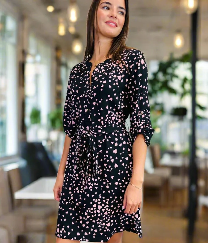 Women's Mandarin-Neck DressesPink Heart Print Belted Shirt Dress