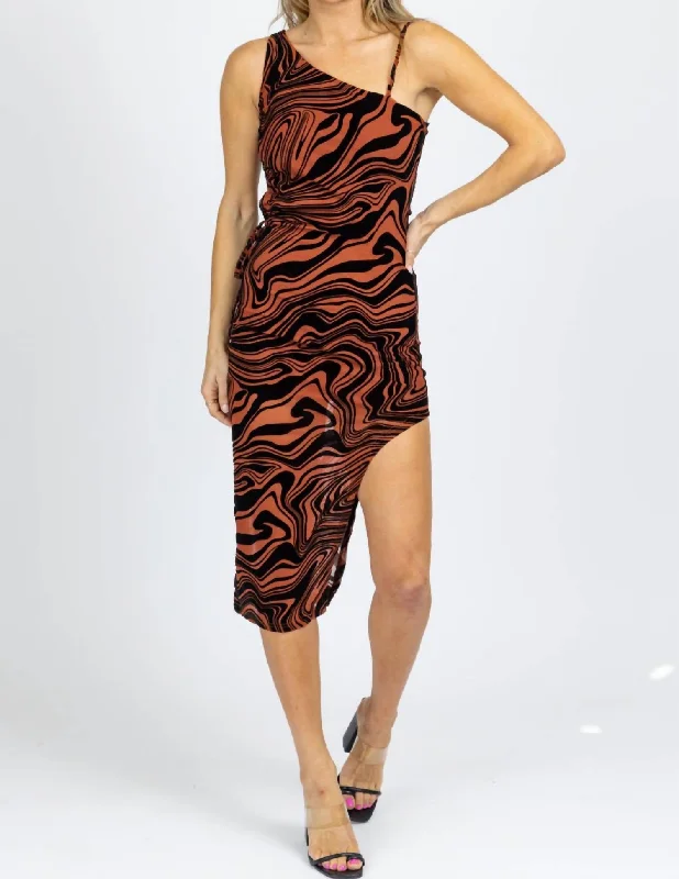 Women's Notched Collar DressesAsymmetric Cutout Midi Dress In Rustic Abstract