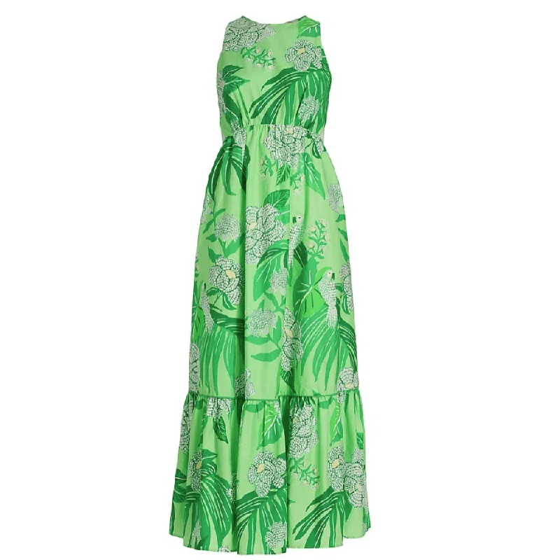 Women's Narrow Collar DressesFarm Rio Women Dewdrop Floral Green Sleeveless Cotton Midi Dress